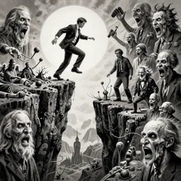 a man steps off a cliff, horror art by beksinski and szukalski and giger and and pyromallis and dzo and iris compiet and seb mckinnon and, digital art, highly detailed, intricate, sharp focus, trending on artstation hq, deviantart, pinterest, unreal engine 5, 4 k uhd image