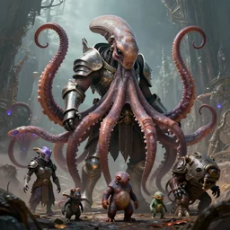 by artgerm and agostino arrivabene, visually stunning, cinematic, ultra realistic, hyper realism, epic, octane render, unreal engine, vfx, maya, alien space knight, octopus and medieval knight chimera, fungal enchanter, murloc tinyfin, dread infernal, wee whelp, battle ram