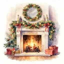 greeting card artwork, watercolor painting of fireplace decorated for christmas in the style of thomas kinkade