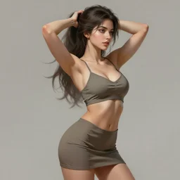 gorgeous girl wearing a low cut top and a short skirt, hands in her hair. side-view, highly detailed, digital painting, artstation, concept art, smooth, sharp focus, illustration, art by artgerm and alphonse mucha, high definition digital art, in the style of Ross tran and ilya kuvshinov