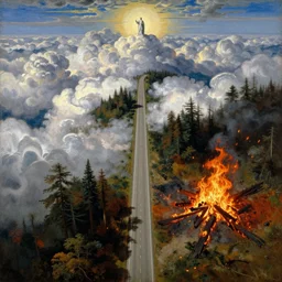 two roads. one ( narrow )! road goes to the heavens!!, & the ( wide road )! goes to the ( fire pit )!!!. aerial view, religious art, masterpiece. in a combination of thomas cole and paul gustav fischer.