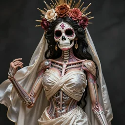 santa muerte : the folk saint of death realistic! full - body! picture! cute anatomy with an adorable face shapely body heavy chested, she's intricate and elegant wrapped in a light flowing silk, a few piercings, a highly detailed real - life 1 0 8 - megapixel photograph, art nouveau, epic composition, hd