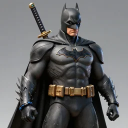 3 d print character inspired on batman, with a samurai sword,, artstation, 3 2 k, evil, natural lighting, matte, bump mapped, metallic, polymer, bracelet, ray traced, insanely detailed and intricate, hypermaximalist, elegant, ornate, hyper realistic, super detailed, in the style of looney tunes