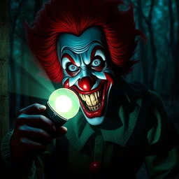 ronald mcdonald as a dark scary horror creature with teeth in the woods with only one flashlight