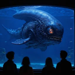 close - up view of human silhouettes watching a giant dark sci - fi alien sea creature with big glowing eyes in a giant futuristic fish tank aquarium, deep blue colors, highly detailed science fiction painting by syd mead, roger dean, and moebius. rich colors, high contrast, black background. unreal engine, artstation.