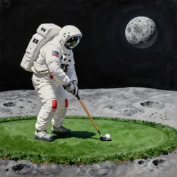 beautiful painting of astronaut playing golf on moon, wide shot, digital painting, intricate details, trending on artstation, concept art, octane render, realistic, highly detailed, smooth, sharp focus, beautiful, 4 k, 8 k, hd, art by charlie bowater and artgerm and greg rutkowski
