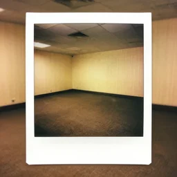polaroid of empty 9 0 s office building with no windows doors or furniture the building has brown carpet and yellow wallpaper