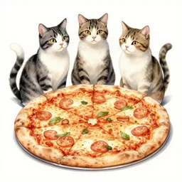 samurai pizza cats, ink and watercolor illustration masterpiece, perfectly realistic yet surreal, by ryan ottley