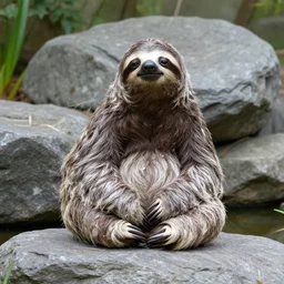 a photograph of a sloth buddha meditating in a zen rock garden, nature photography, sharp focus, long focal length