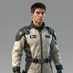 detailed art of a scifi character portrait of a man in his 30s mixture between french, turkish and russian with short black hair wearing a beige and black jumpsuit 4K Octane Render Artstation HQ