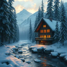 snowy cozy mountain lodge by a small river stream in a forrest in canadian mountains in the evening sun, iceicles, by philippe gare, artstation, greg rutkowski