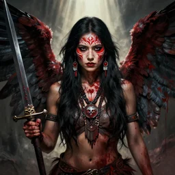 portrait of the death angel, beautiful female face, angelic, dark, blood, by jeremy mann, by lucian freud, god rays, female indigenous warrior, warrior face painting red, wings, holding a weapon