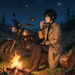 a girl from final fantasy live action, with short black hair and green eyes in a tan trenchcoat sitting on a log and drinking tea by the campfire by her dieselpunk motorcycle at night under the stars, evocative, mystical night, very very very very detailed, award winning, masterpiece digital painting by greg rutkowski, alex grey, artstation, 4 k wallpaper