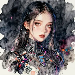 korean women's fashionhacker, intricate watercolor cyberpunk vaporwave portrait by tim doyle