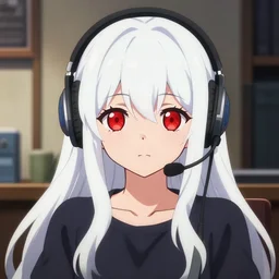 anime visual of a cute girl, with + ( ( red eyes ) ) + long white hair + ( ( wearing a headset in her room interior ) ), poster by psycho pass, ilya kuvshinov, masakazu katsura