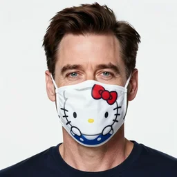 jim carrey wearing a face-mask with hello kitty designs.