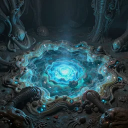 a beautiful matte painting of alien luminous pool resin by Dean Ellis, award winning, atmospheric, epic and stunning, intricate details, sense of awe, anthropomorphic, featured on artstation