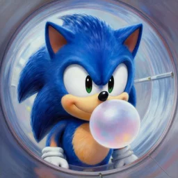 beautiful lifelike painting of sonic the hedgehog blowing bubblegum in a wind tunnel, hyperreal detailed facial features and uv lighting, art by ed roth and basil wolverton