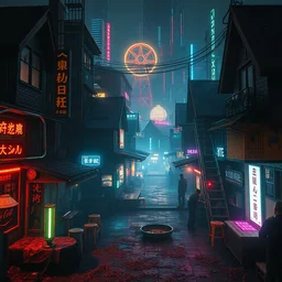 photo environement cyberpunk village : 4, 4 k rtx hdr volume light concept studio matte painting environement digital illustration style cyberpunk 2 0 7 7 artstation artur tarnowski, mihai muscan, marcin tomalak, marta leydy, marcin stepien, charlotte hughes, zuzanna dabrowa neon bioluminiscence