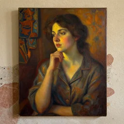 portrait in femininity, thoughtful face, warm glow, cozy room bathed in light, captured memory, recollection, impressionism, woven textiles, stucco wall, radiosity, pj crook, terrazzo, garmash, alphonse mucha, livia prima, carol bak,, artgerm, greg rutkowski, nick alm, casey baugh, deep color, oil on canvas