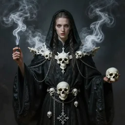 portrait of necromancer priest in obsidian robes with white ornaments, skulls, white smoke, concept art, style by anato finnstark,
