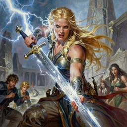 A mixed media painting of the beautiful blonde viking goddess of war with a sword of lightning, very aesthetic, detailed face, by Frank Frazetta, Greg Rutkowski, Boris Vallejo, Beeple, Yoko Taro, Christian MacNevin, epic fantasy character art, goddess of anger, viking runes, elven, high fantasy, CGsociety, full length, exquisite detail, post-processing, low angle, masterpiece, cinematic, odin's stone arena background