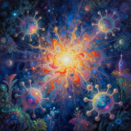 a beautiful painting of a neutron stars exploding in bioluminescent gardens, colorful dream, glitches, detailed art, by shan jiang and moebius, trending on artstation