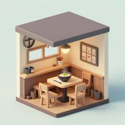 outside view of miniature stylish ramen shop with table and chairs, studio ghibli style, hayao miyazaki drawings, spirited away, clean, low poly art, detailed, isometric view, artstation, behance, global illumination, 3 d illustration, kawaii, pastel colors