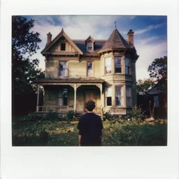 polaroid photograph of a victorian abandoned house, a person back view