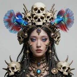 symmetrical, centered, goddess close-up portrait wigh crown made of skulls. phoenix betta fish, phoenix, bioluminiscent creature, super intricate ornaments artwork by Tooth Wu and wlop and beeple and greg rutkowski