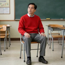 Moe Szyslak With uniform, red sweater and gray pants sitting in a Mexican school chair
