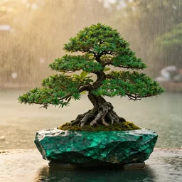 photo bonsai cedar on a small angular emerald rock in the water, gold hour, soft lighting, rain, medium full shot, volumetric lighting, beautiful, ultra detailed, 3 5 mm, fujifilm