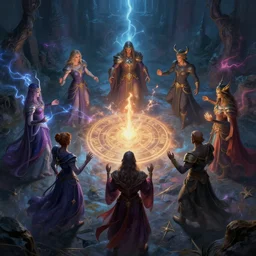 mages in circle summoning from the evil realm. lighting, flux. fantasy, digital painting, hd, highly detailed, sharp focus.
