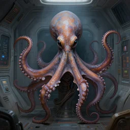 close portrait of a creepy scary octopus alien in space ship quarters, diffuse lighting, fantasy, intricate, elegant, highly detailed, lifelike, digital painting, cinestill 8 0 0 t 2 0 0 mm, concept art, frank frazetta, marco bucci, loish, rossdraws, artgerm