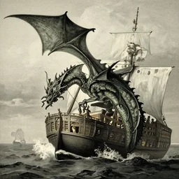 giant sea dragon attacking a ship, by gustave dore