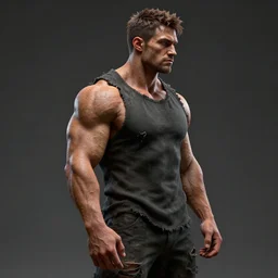 a muscular man wearing torn clothes, looking to the right, profile picture, hyperrealistic, concept art, octane render, unreal engine 5, trending on artstation, high quality, highly detailed, 8 k, dramatic lighting, cinematic, high coherence, anatomically correct, five fingers, digital art, badass