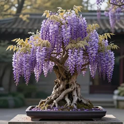 a photo of a blooming wisteria bonsai tree, purple, cinematic, golden ratio, beautiful, 8k,