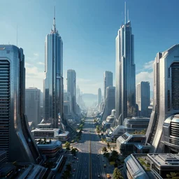 futuristic cyberpunk city panorama, daylight, cinematic perspective, cinematic lighting, blue sky, syd mead, john harris, symmetrical