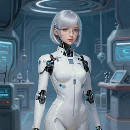 a scientist android girl with silver hair wearing white suit and glasses, inside a science facility, cyberpunk style by artgerm, wlop, and krenz cushart, painterly