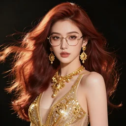 Red-brown hair silk skin glasses cute girl, balayage, natural make-up, luxurious ornate golden jewelry, earrings, low cut dress, dynamic lighting, award winning photo shoot, intricately detailed, glimmering, shining, photo realistic, cinematic, volumetric lighting, fashion portrait, 8K UHD