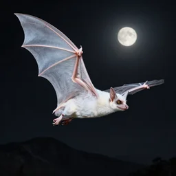 hyper realistic white bat, flying against a dark black night sky, mountain in the background, moonlight, denoised, very detailed, national geographic, painted by artstation trending