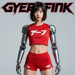 Cyberpunk Japanese female wearing crop red gym top with white Japanese lettering, robotic arms, torn red yoga short, Advertising photography by Mario Testino, masterwork, artstation