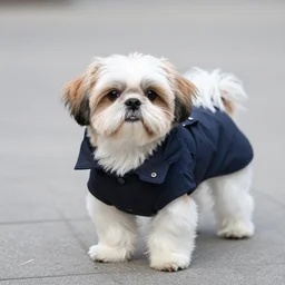 a shih-tzu terrier in a duffel coat