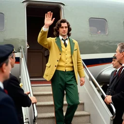a medium full shot, german and eastern european mixture kodachrome slide depicting a handsome archduke with fair skin, long, wavy dark brown hair, and rusted metal coloured eyes attending a royal visit, he can be seen waving to onlookers as he exits a luxurious aircraft and walks down a flight of stairs. he is depicted in a vintage historical fantasy 1 9 3 2 life magazine photograph wearing a green suit and a yellow cardigan. the lighting is warm and high - key.