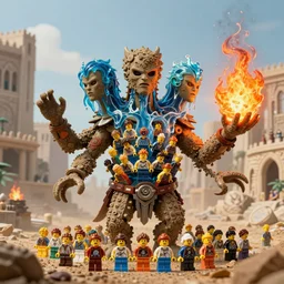 A humanoid entity with three heads, one made of earth, one made of water, and one made of fire, with tentacles for arms and with an army of LEGO minifigures bursting from its chest with a Biblical city in the background,