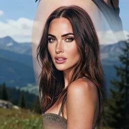 double exposure tattoo of megan fox with beautiful mountain scenery, hyper - realistic, in the style of den yakovelev, amazing detail, sharp