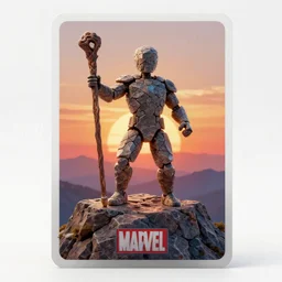 a human made of rock holding a staff, sunset on top of a mountain, front game card, marvel comics, light, intricate, highly detailed, smooth, artstation, digital illustration by ruan jia and mandy jurgens and artgerm and wayne barlowe and greg rutkowski and zdislav beksinski, two legs