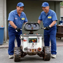 johnny 5, from the movie'short circiut ', happy and laughing because he loves his new job being a garbageman. professional footage, 4 k