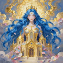 breathtaking detailed painting by pilyeon and yuumei art of a full shot queen with long flowing bright blue hair, long dress and pastel flowers petals and golden tumultuous clouds, symmetrical facial features, at dawn in front of a pristine golden art nouveau cathedral, elegant, volumetric lighting, highly detailed, artstation, concept art, matte, sharp focus,