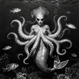 By Jason deCaires Taylor, ultra realist soft painting of a fish and squid parade by night, beautiful dark eyed evil mermaid in full multiples tentacles bodysuit, symmetry accurate features, very intricate details, omnious underwater environment, black and white, volumetric light water